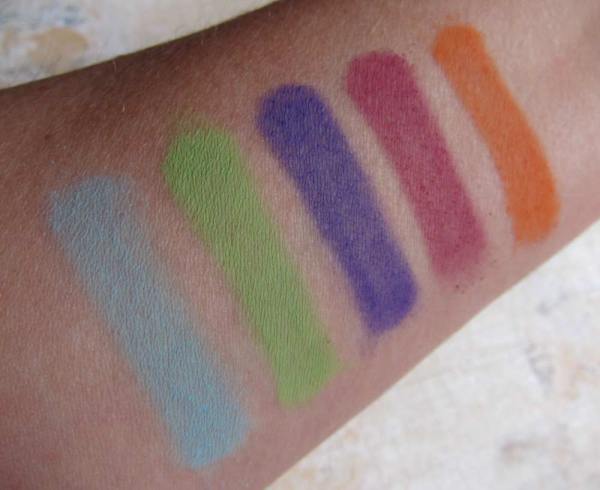 All shades swatched over bare skin, with 4+ passes of each color